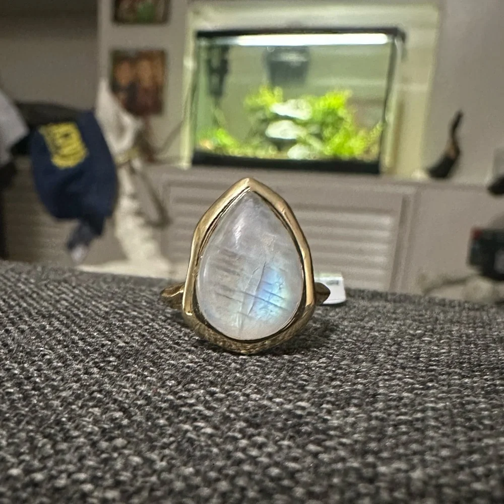 14K Gold Plated 925 Sterling Silver Rainbow Moonstone Ring 7 - Picture 1 of 13